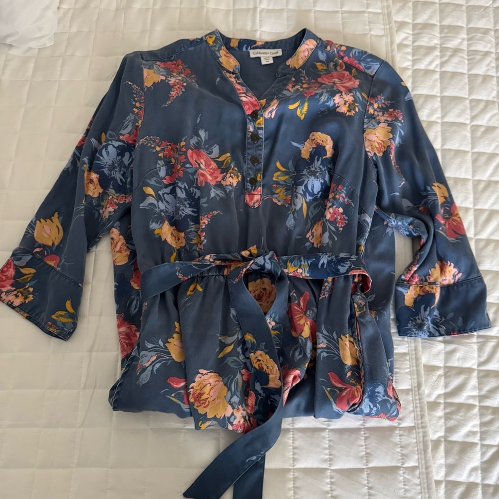 Coldwater Creek Belted Midi Dress Petite Medium Blue Pink Yellow Floral